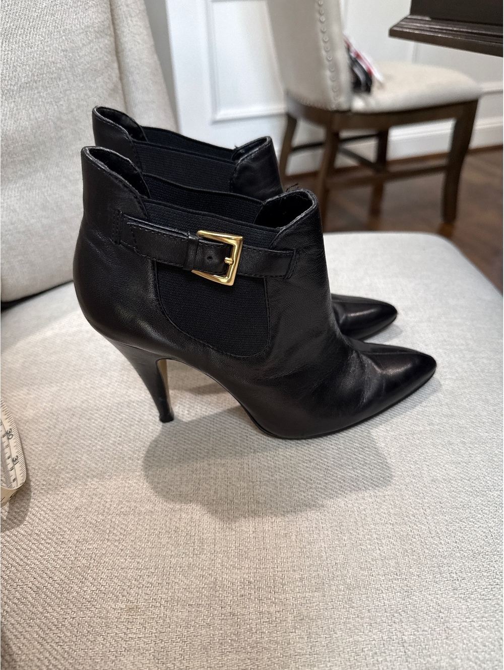 Black Leather Pointed Toe Ankle Boots with Gold Buckle Detail, Size 5.5
